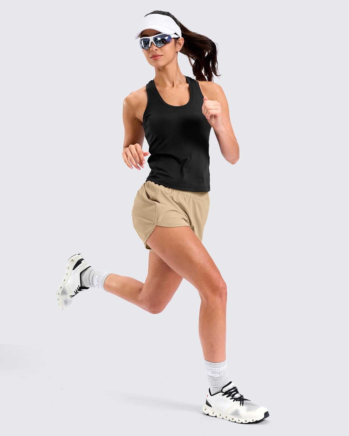 image:imageSANTINY 34 Athletic Running Shorts for Women Dolphin High Waisted Quick Dry Workout Gym Shorts with Zipper PocketKhaki