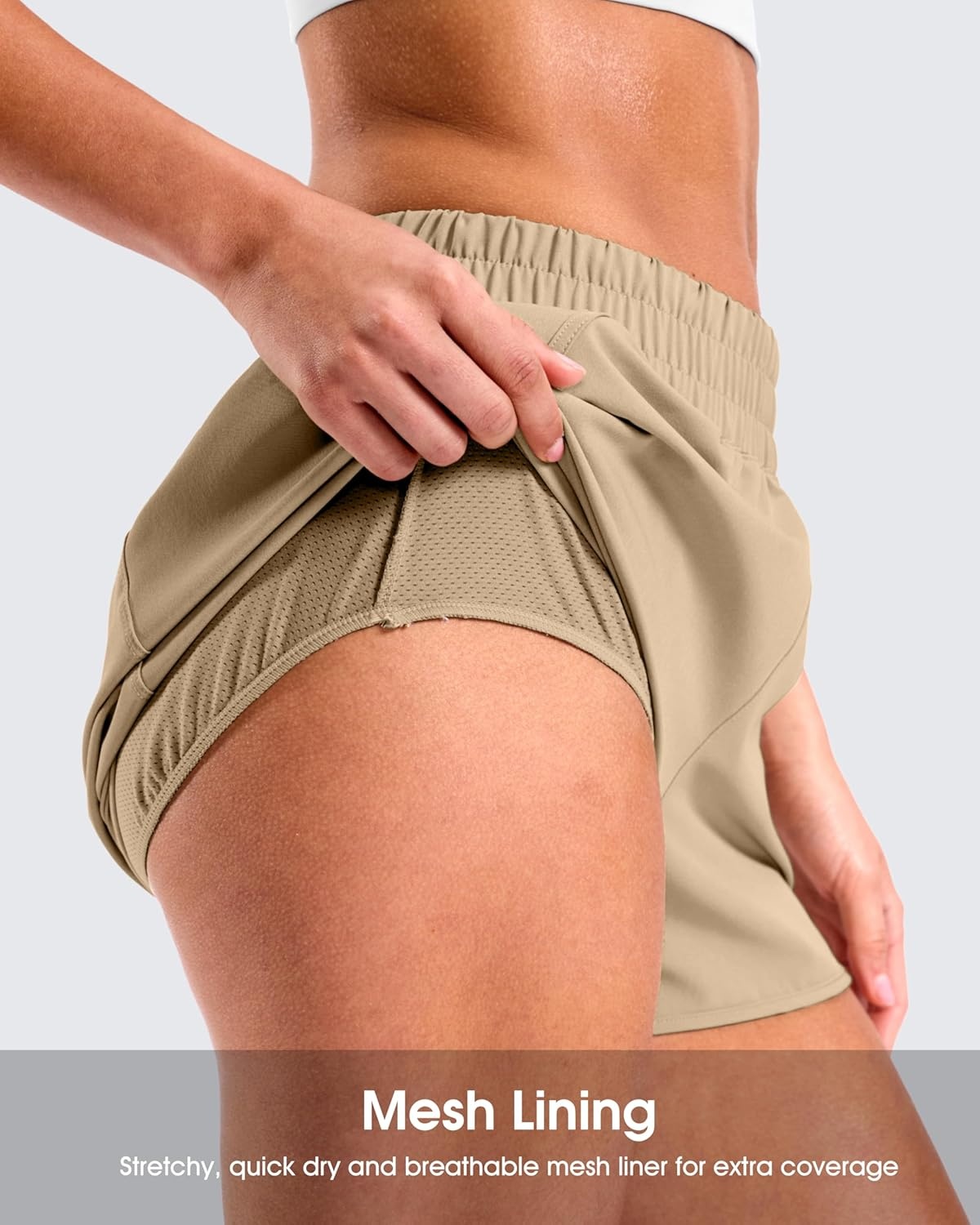 image:imageSANTINY 34 Athletic Running Shorts for Women Dolphin High Waisted Quick Dry Workout Gym Shorts with Zipper PocketKhaki