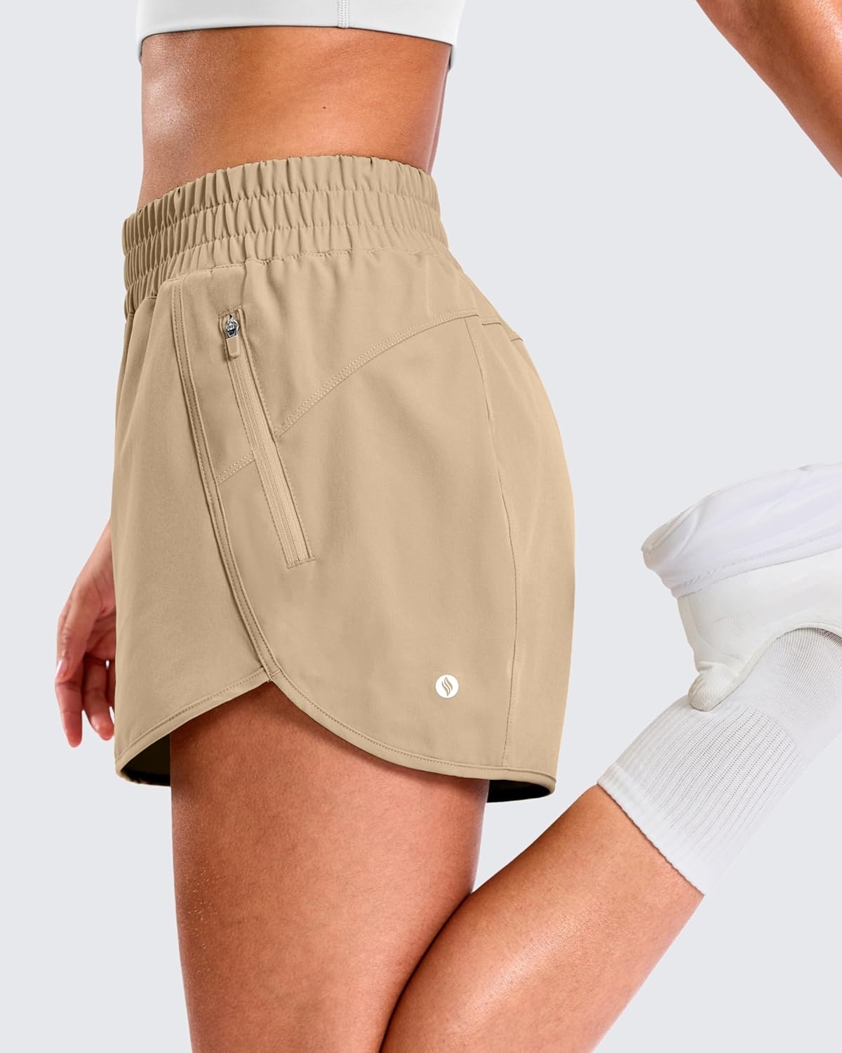 image:imageSANTINY 34 Athletic Running Shorts for Women Dolphin High Waisted Quick Dry Workout Gym Shorts with Zipper PocketKhaki