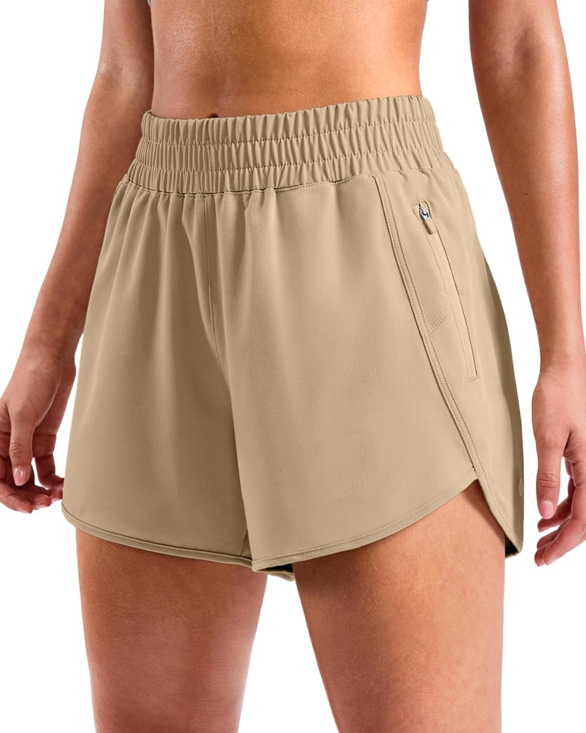 image:imageSANTINY 34 Athletic Running Shorts for Women Dolphin High Waisted Quick Dry Workout Gym Shorts with Zipper PocketKhaki