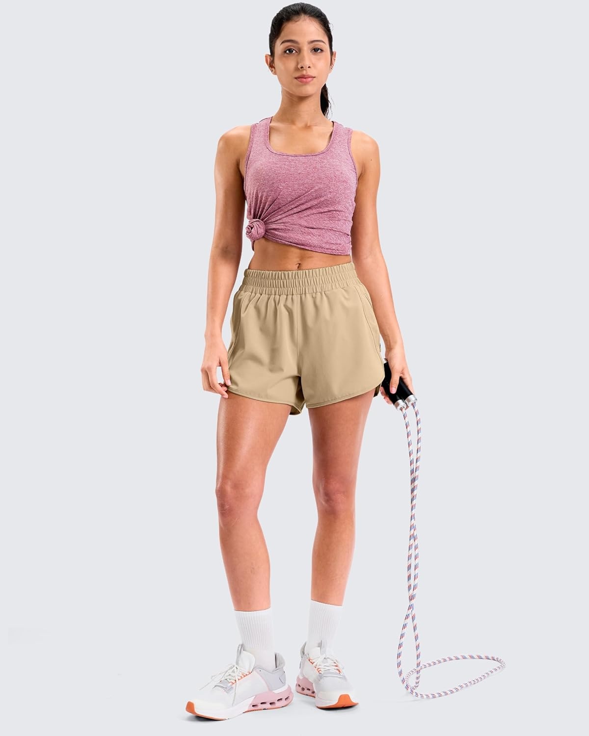 image:imageSANTINY 34 Athletic Running Shorts for Women Dolphin High Waisted Quick Dry Workout Gym Shorts with Zipper PocketKhaki