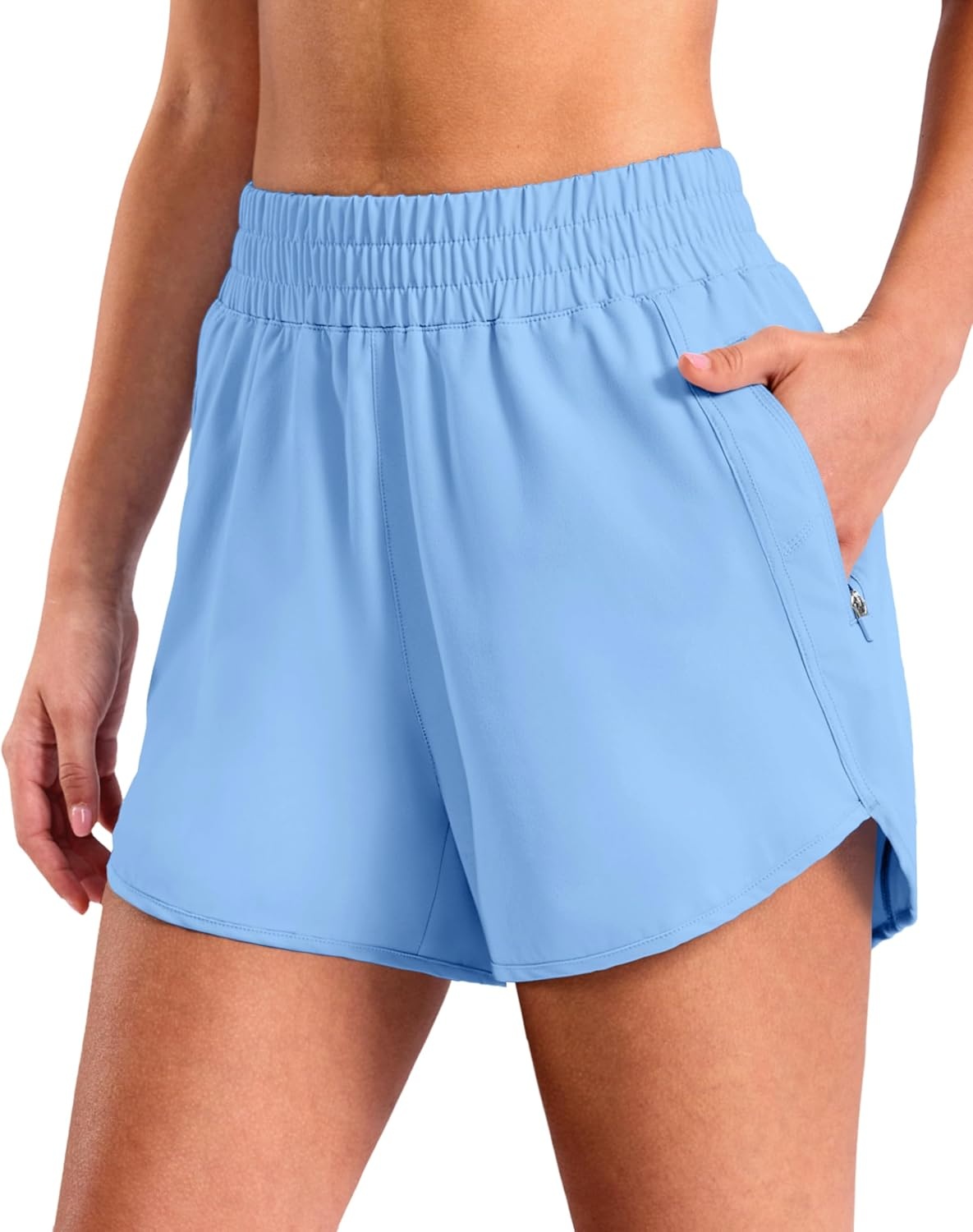 image:imageSANTINY 34 Athletic Running Shorts for Women Dolphin High Waisted Quick Dry Workout Gym Shorts with Zipper PocketLight Blue