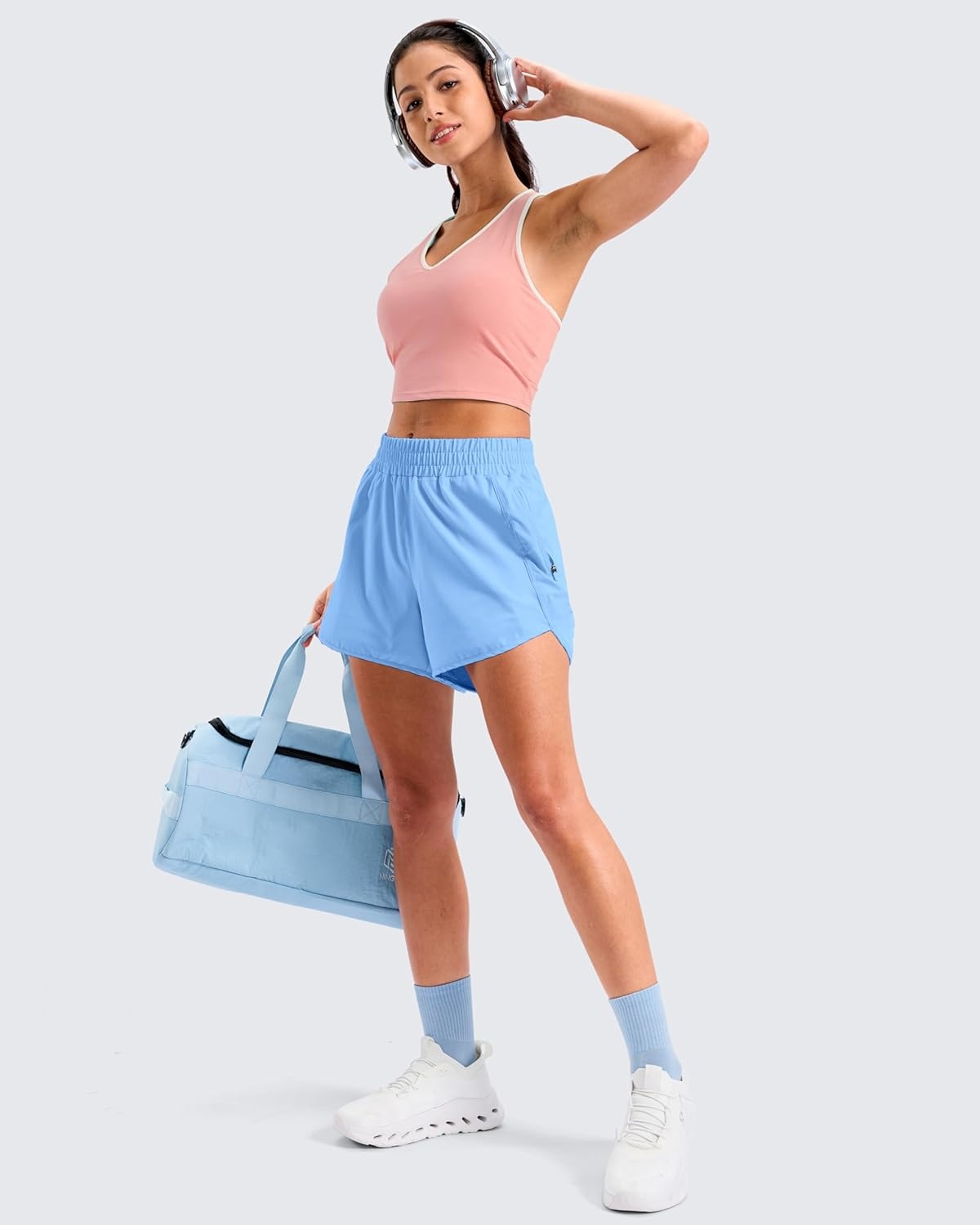 image:imageSANTINY 34 Athletic Running Shorts for Women Dolphin High Waisted Quick Dry Workout Gym Shorts with Zipper PocketLight Blue