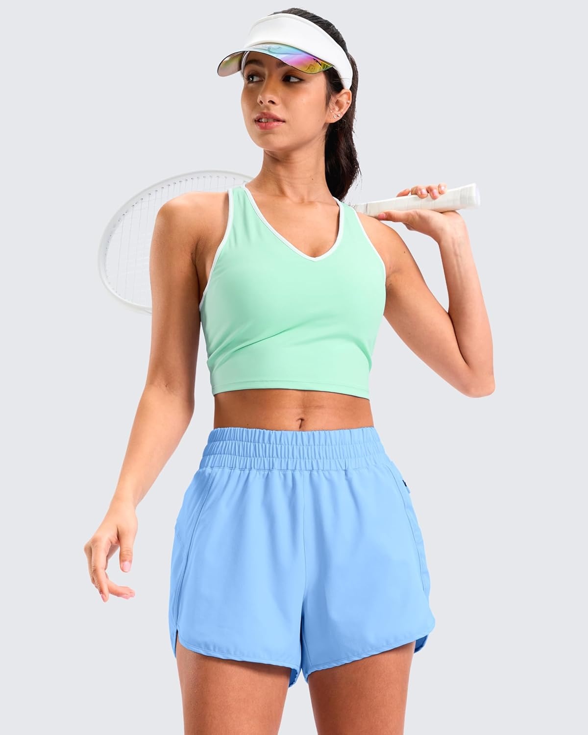 image:imageSANTINY 34 Athletic Running Shorts for Women Dolphin High Waisted Quick Dry Workout Gym Shorts with Zipper PocketLight Blue