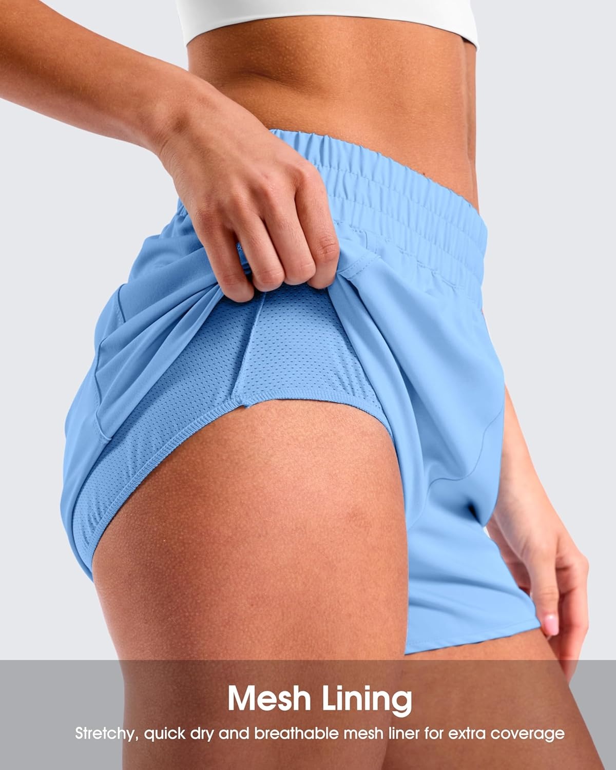 image:imageSANTINY 34 Athletic Running Shorts for Women Dolphin High Waisted Quick Dry Workout Gym Shorts with Zipper PocketLight Blue