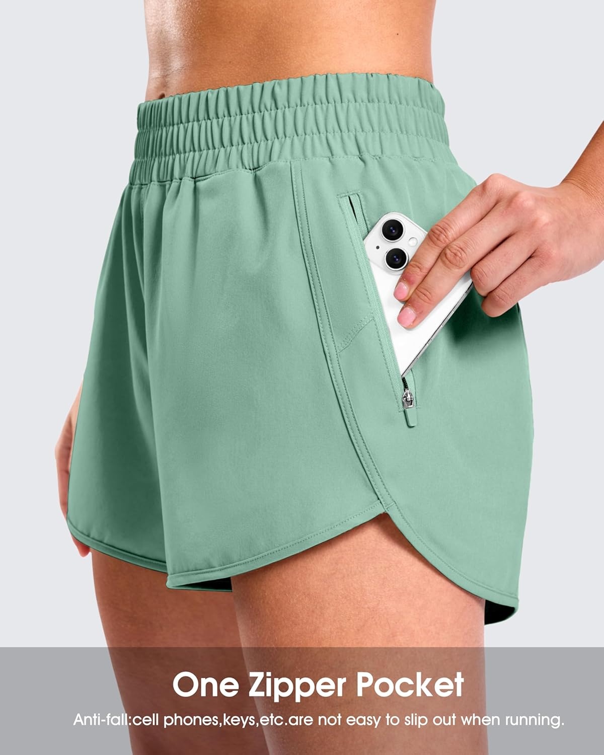 image:imageSANTINY 34 Athletic Running Shorts for Women Dolphin High Waisted Quick Dry Workout Gym Shorts with Zipper PocketLight Green