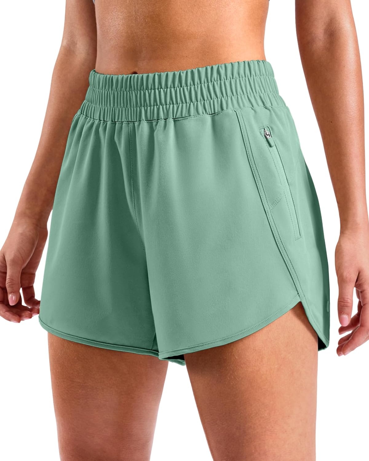image:imageSANTINY 34 Athletic Running Shorts for Women Dolphin High Waisted Quick Dry Workout Gym Shorts with Zipper PocketLight Green