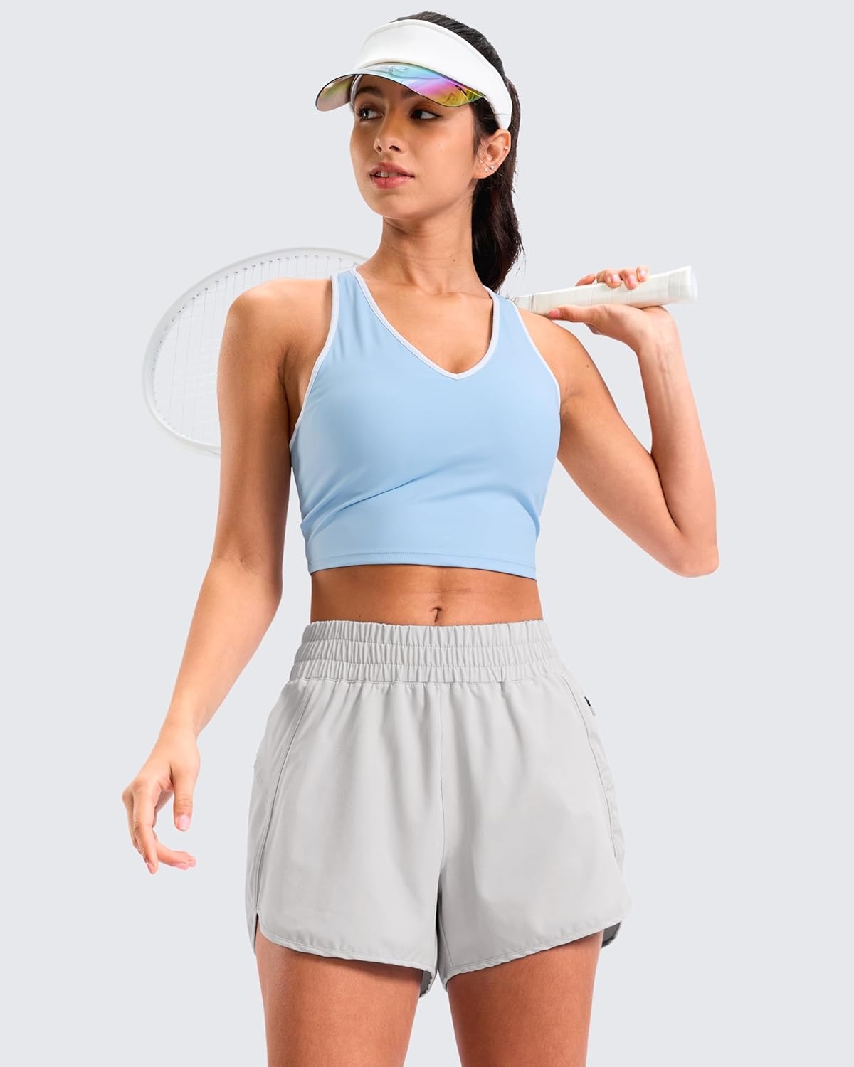 image:imageSANTINY 34 Athletic Running Shorts for Women Dolphin High Waisted Quick Dry Workout Gym Shorts with Zipper PocketLight Grey