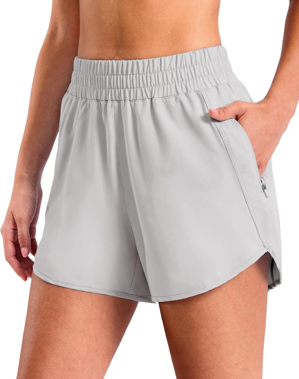 image:imageSANTINY 34 Athletic Running Shorts for Women Dolphin High Waisted Quick Dry Workout Gym Shorts with Zipper PocketLight Grey