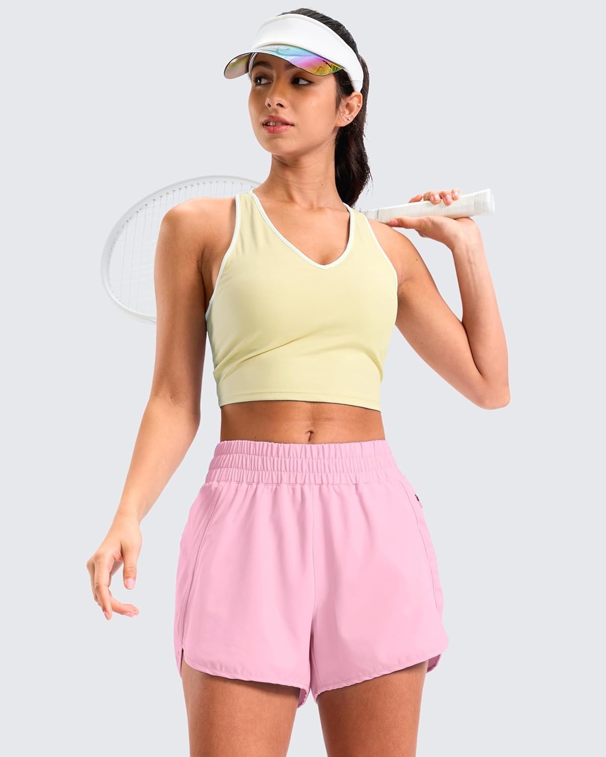 image:imageSANTINY 34 Athletic Running Shorts for Women Dolphin High Waisted Quick Dry Workout Gym Shorts with Zipper PocketPink
