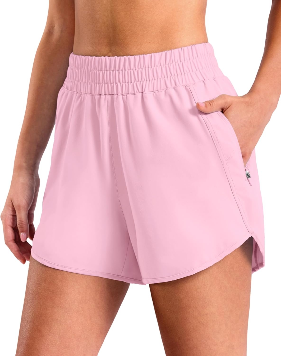 image:imageSANTINY 34 Athletic Running Shorts for Women Dolphin High Waisted Quick Dry Workout Gym Shorts with Zipper PocketPink