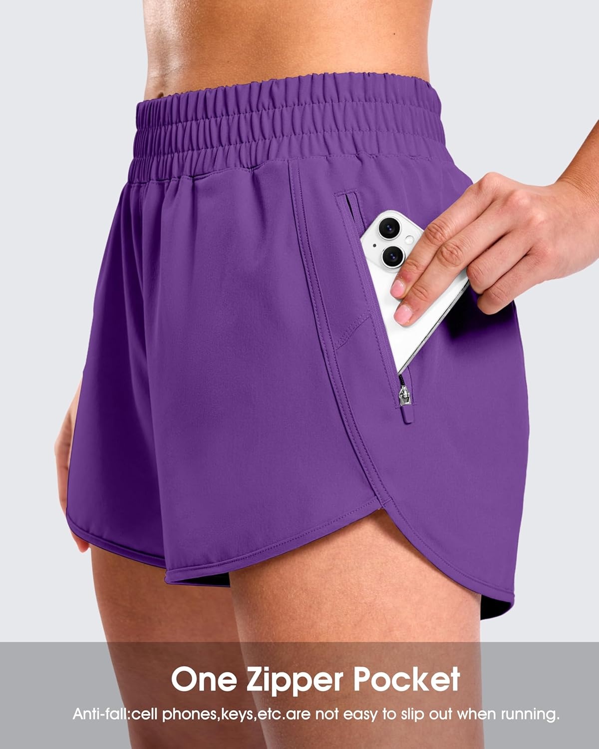 image:imageSANTINY 34 Athletic Running Shorts for Women Dolphin High Waisted Quick Dry Workout Gym Shorts with Zipper PocketPurple