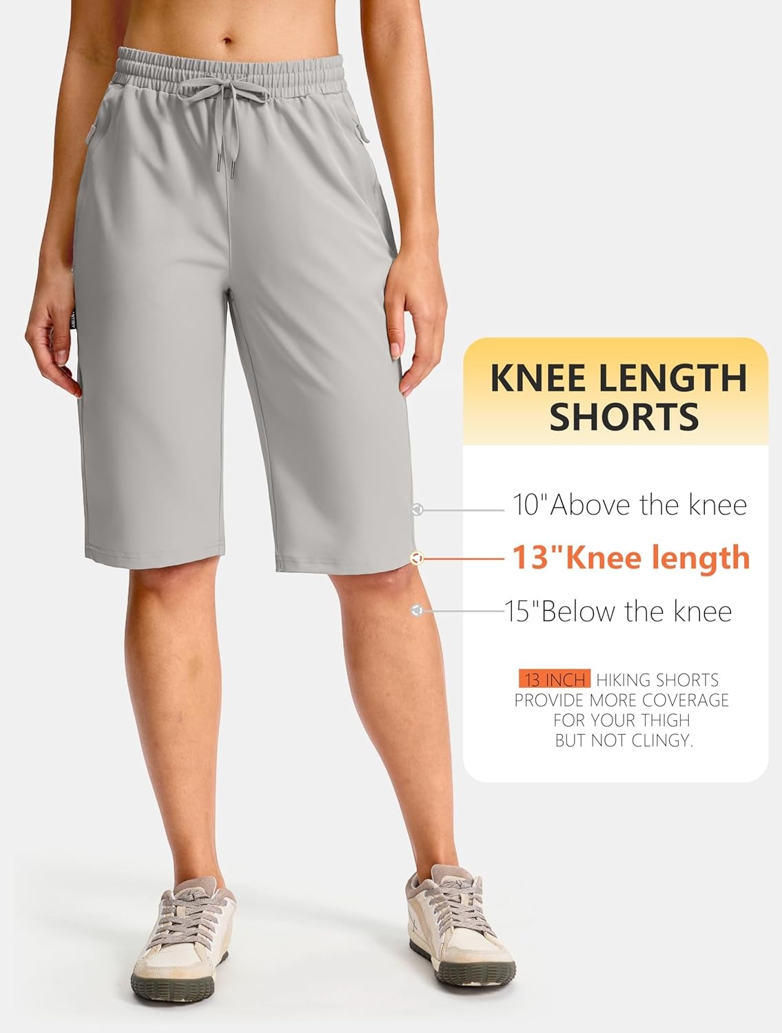 image:imageSANTINY Womens 13 Long Hiking Shorts with 3 Zipper Pockets Quick Dry Lightweight Bermuda Knee Length Shorts for WomenBright Grey