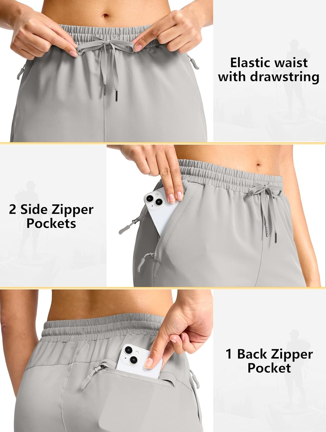 image:imageSANTINY Womens 13 Long Hiking Shorts with 3 Zipper Pockets Quick Dry Lightweight Bermuda Knee Length Shorts for WomenBright Grey