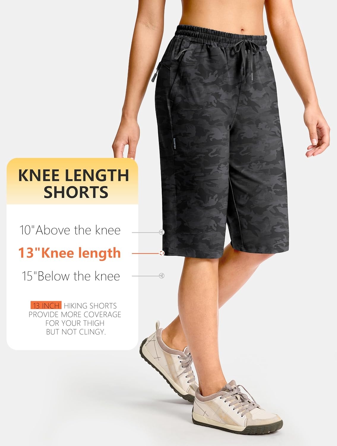 image:imageSANTINY Womens 13 Long Hiking Shorts with 3 Zipper Pockets Quick Dry Lightweight Bermuda Knee Length Shorts for WomenGrey Camo