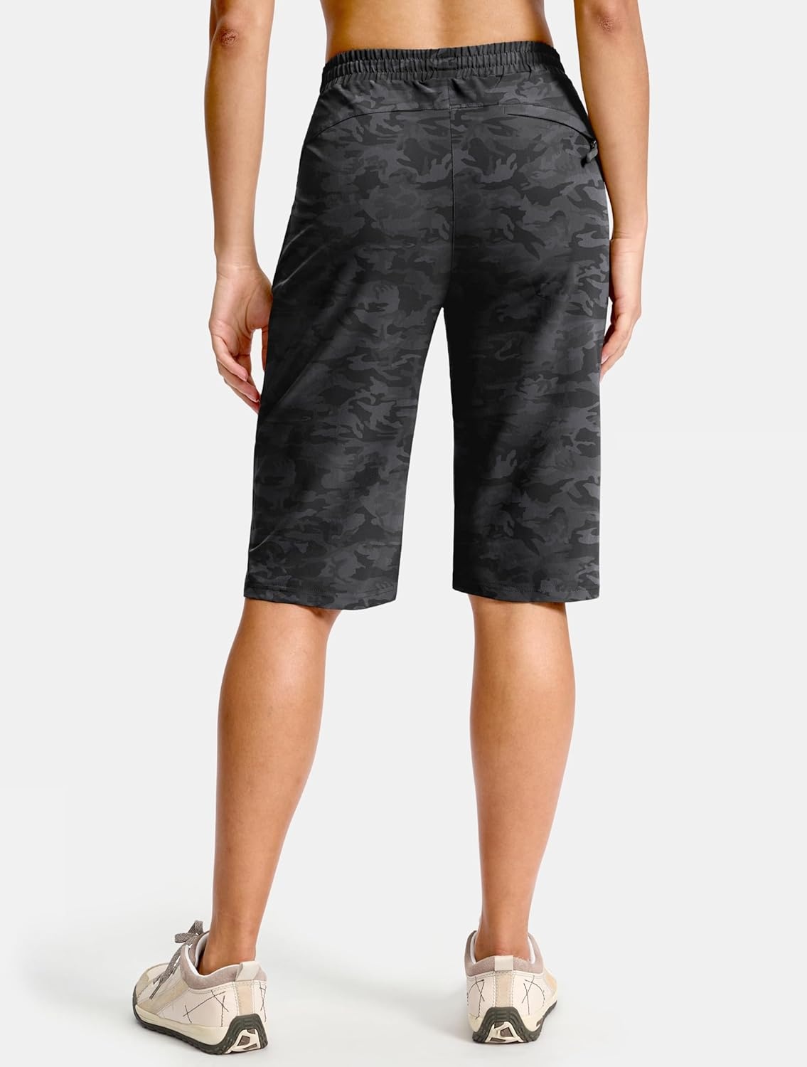 image:imageSANTINY Womens 13 Long Hiking Shorts with 3 Zipper Pockets Quick Dry Lightweight Bermuda Knee Length Shorts for WomenGrey Camo