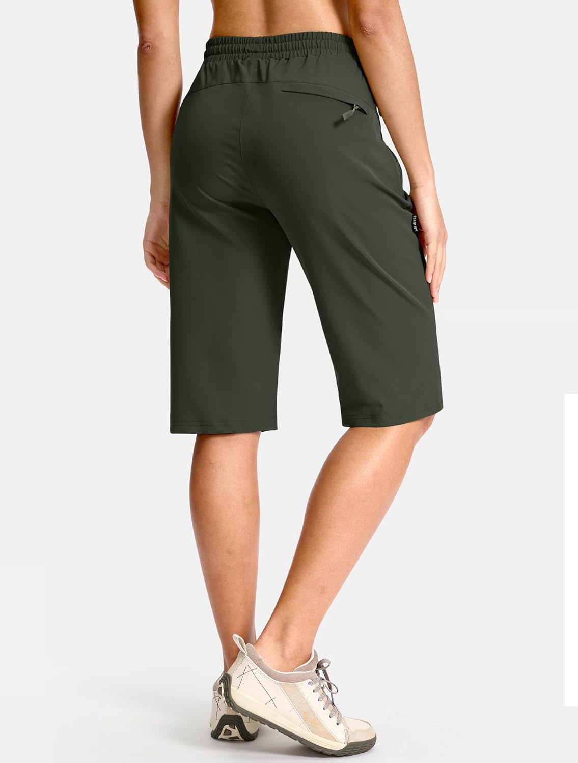 image:imageSANTINY Womens 13 Long Hiking Shorts with 3 Zipper Pockets Quick Dry Lightweight Bermuda Knee Length Shorts for WomenOlive