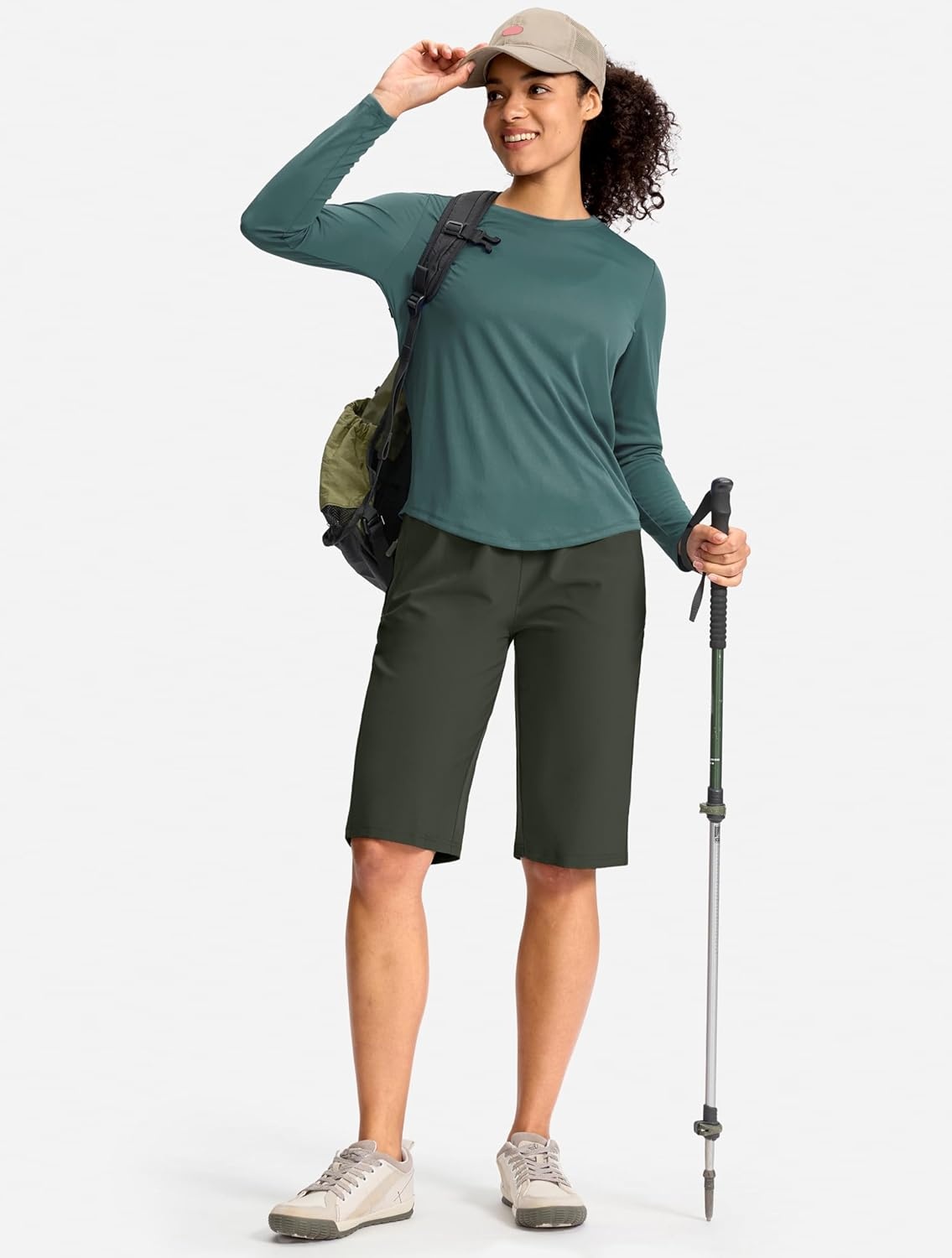image:imageSANTINY Womens 13 Long Hiking Shorts with 3 Zipper Pockets Quick Dry Lightweight Bermuda Knee Length Shorts for WomenOlive