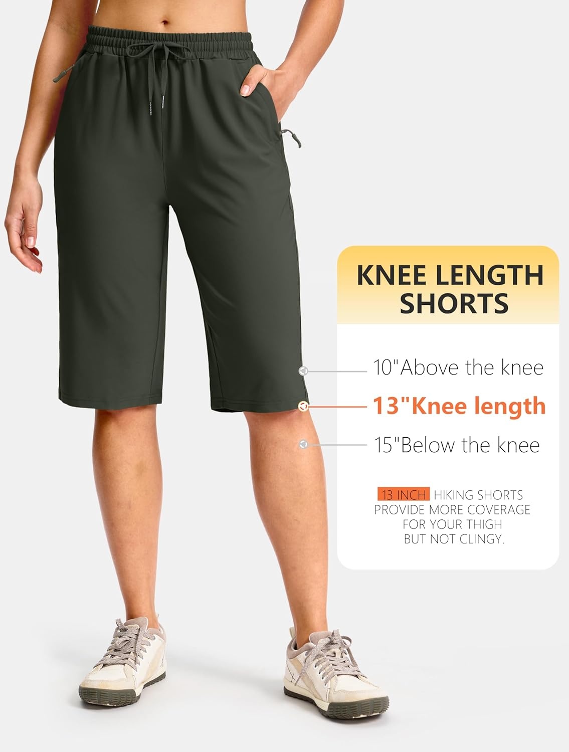 image:imageSANTINY Womens 13 Long Hiking Shorts with 3 Zipper Pockets Quick Dry Lightweight Bermuda Knee Length Shorts for WomenOlive