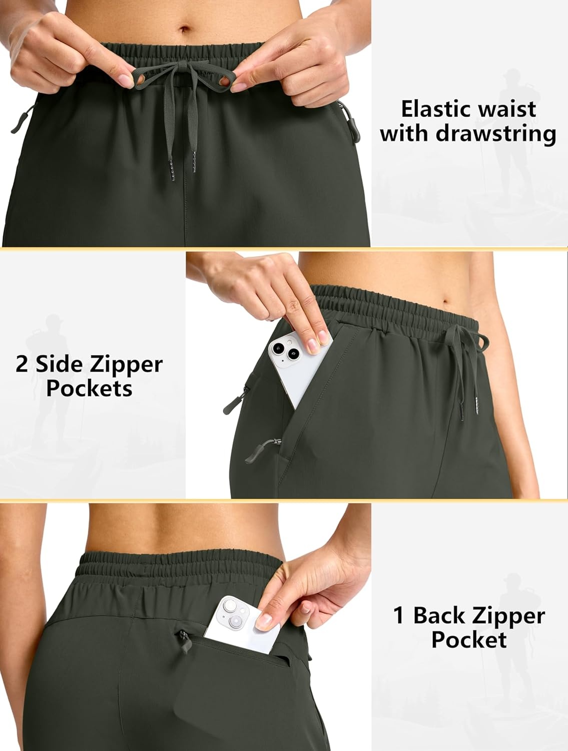image:imageSANTINY Womens 13 Long Hiking Shorts with 3 Zipper Pockets Quick Dry Lightweight Bermuda Knee Length Shorts for WomenOlive