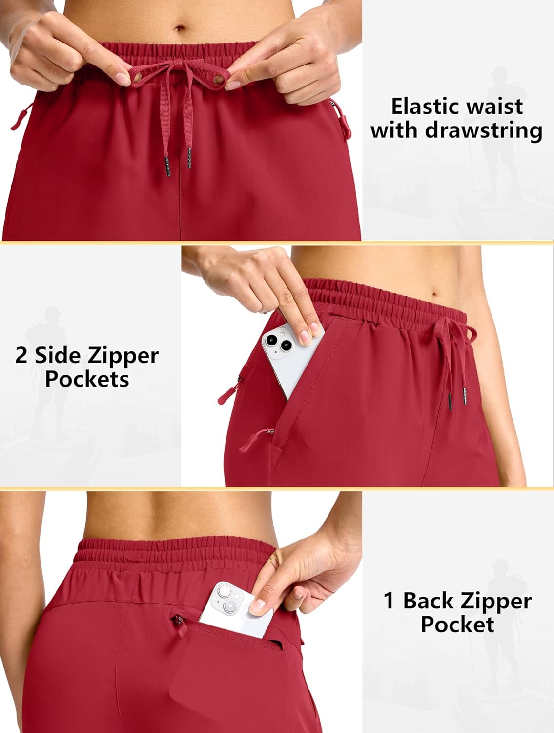 image:imageSANTINY Womens 13 Long Hiking Shorts with 3 Zipper Pockets Quick Dry Lightweight Bermuda Knee Length Shorts for WomenRed