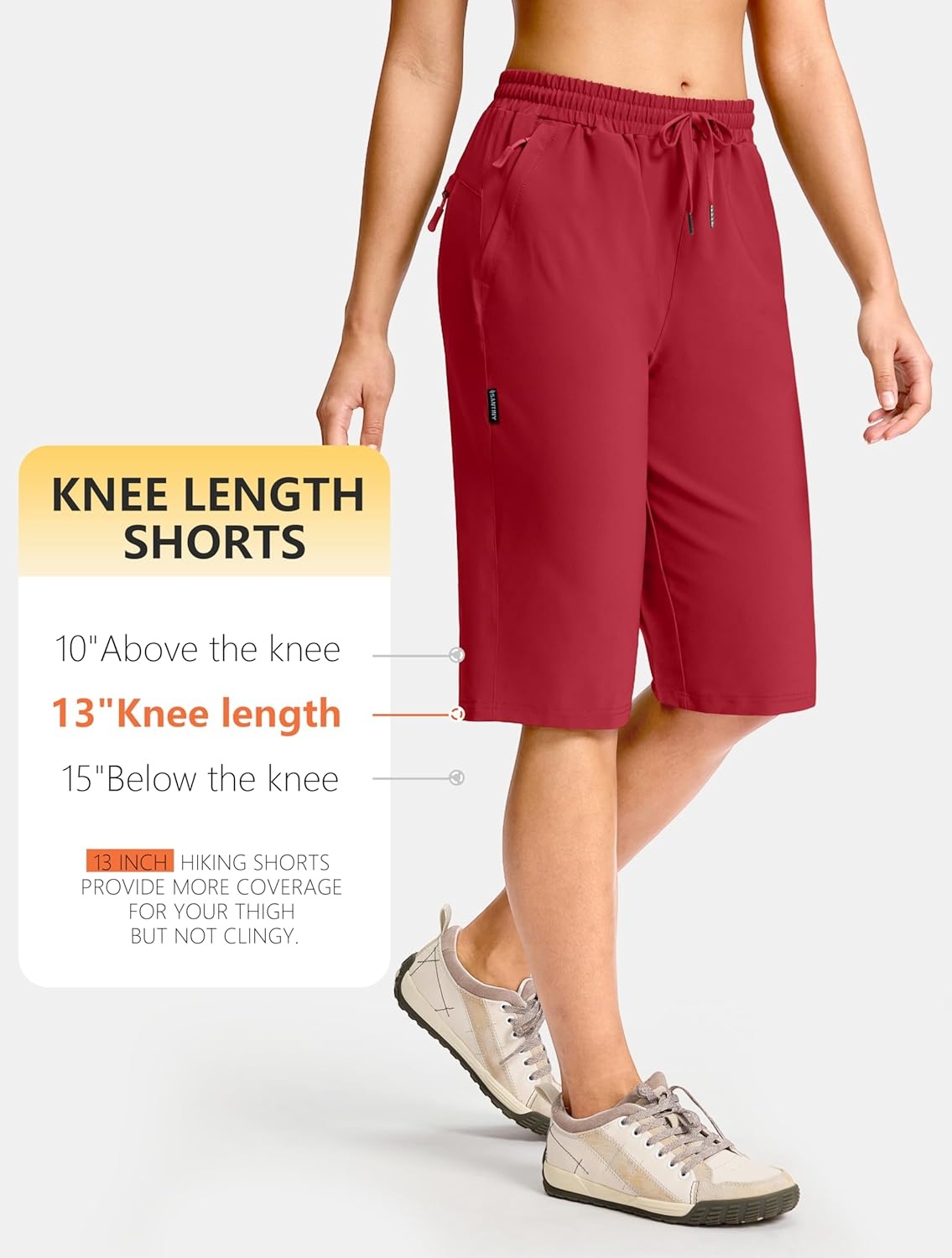image:imageSANTINY Womens 13 Long Hiking Shorts with 3 Zipper Pockets Quick Dry Lightweight Bermuda Knee Length Shorts for WomenRed