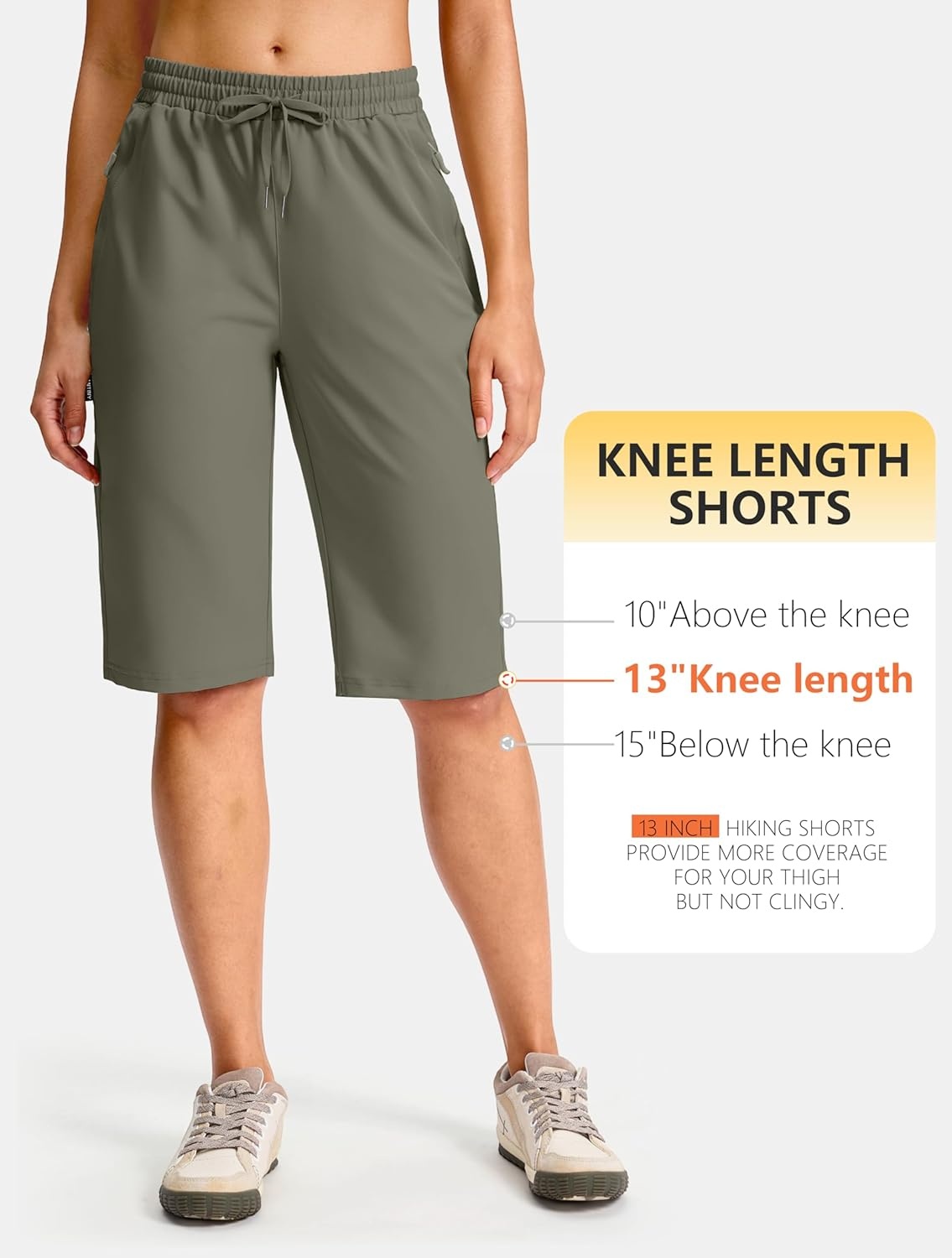 image:imageSANTINY Womens 13 Long Hiking Shorts with 3 Zipper Pockets Quick Dry Lightweight Bermuda Knee Length Shorts for WomenSage Grey