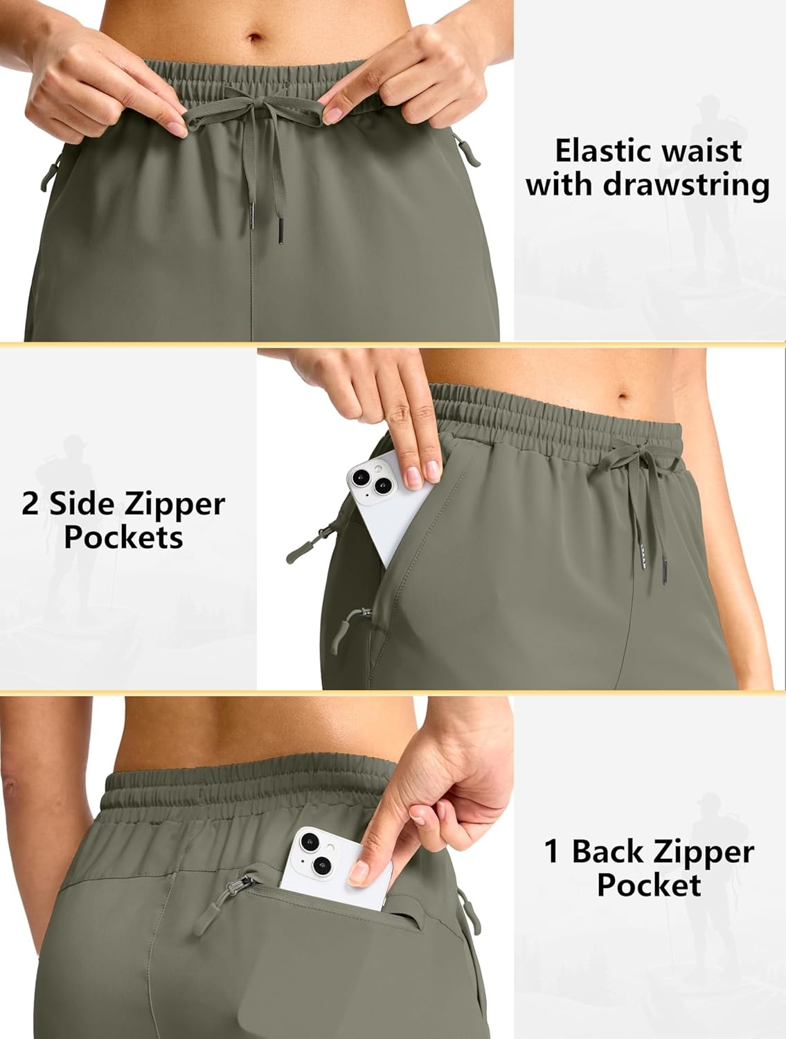 image:imageSANTINY Womens 13 Long Hiking Shorts with 3 Zipper Pockets Quick Dry Lightweight Bermuda Knee Length Shorts for WomenSage Grey