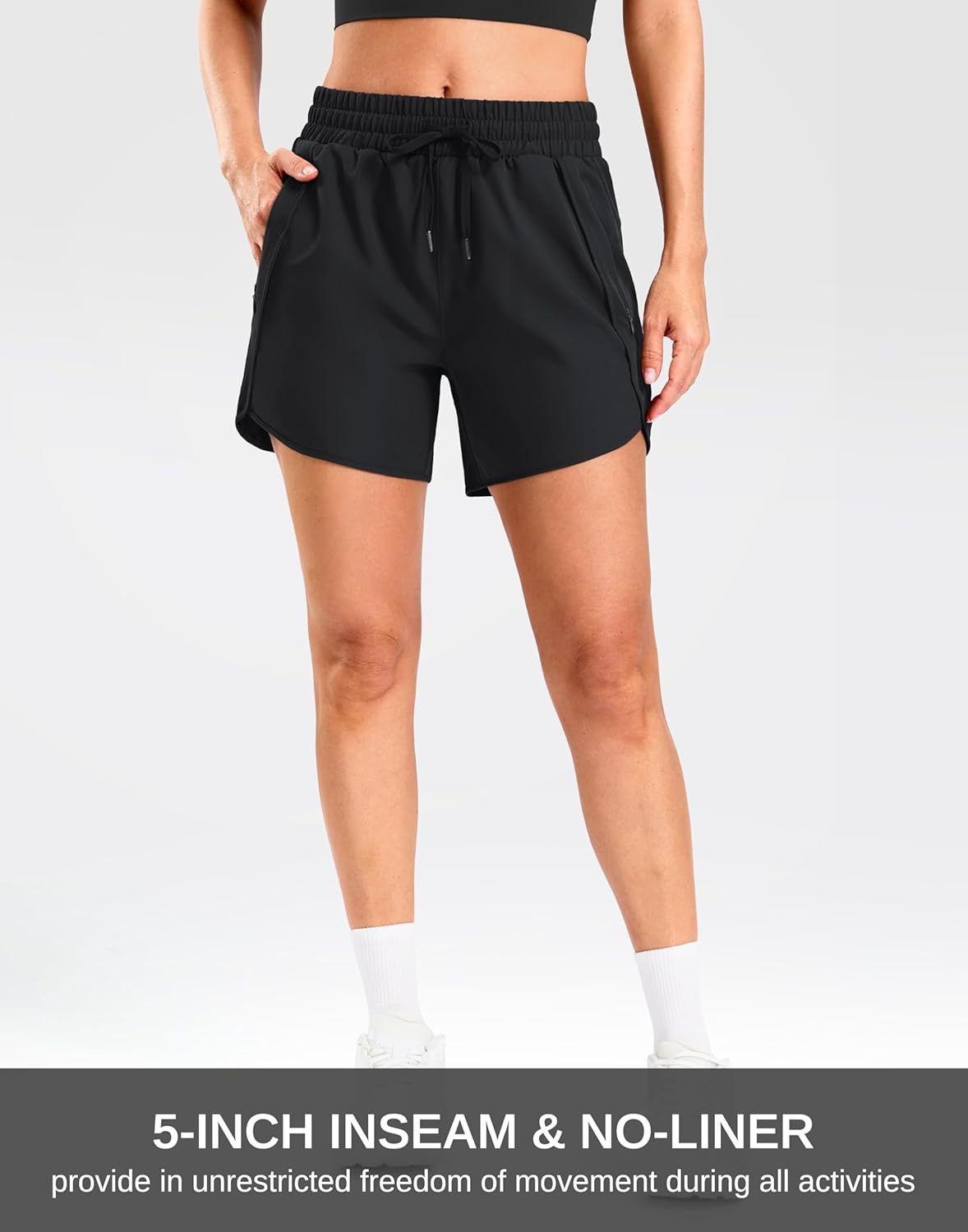 image:imageSANTINY Womens 5 Running Shorts with 2 Zipper Pockets Lightweight Quick Dry Gym Workout Athletic Shorts for WomenBlack