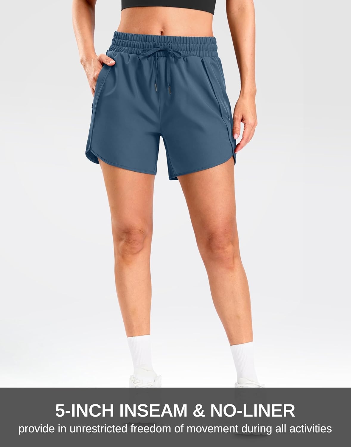 image:imageSANTINY Womens 5 Running Shorts with 2 Zipper Pockets Lightweight Quick Dry Gym Workout Athletic Shorts for WomenBlue