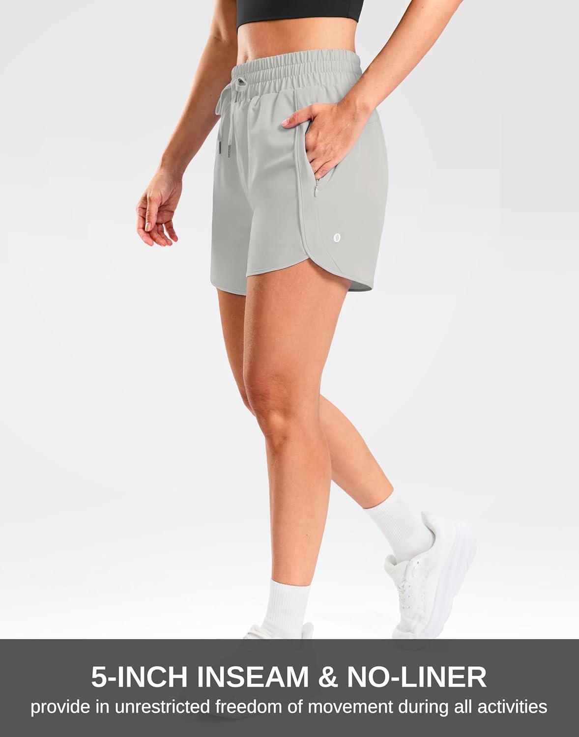 image:imageSANTINY Womens 5 Running Shorts with 2 Zipper Pockets Lightweight Quick Dry Gym Workout Athletic Shorts for WomenDusty White