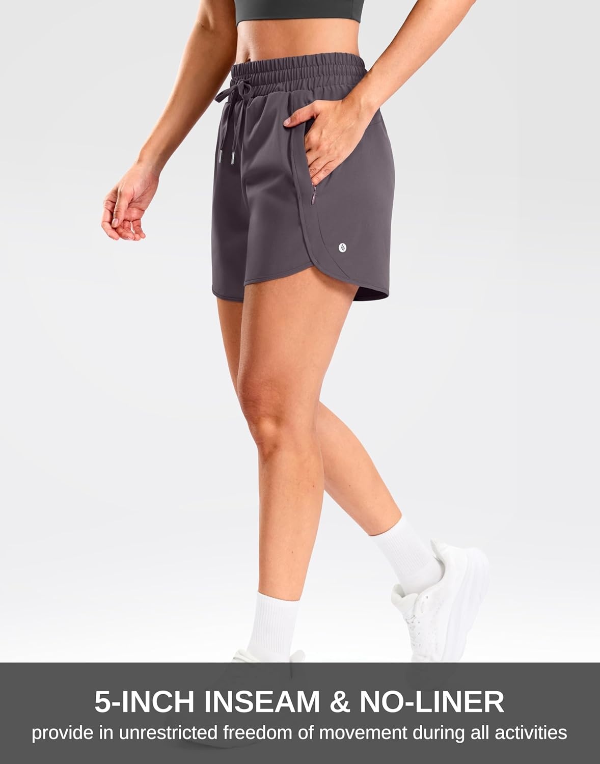 image:imageSANTINY Womens 5 Running Shorts with 2 Zipper Pockets Lightweight Quick Dry Gym Workout Athletic Shorts for WomenGrey Purple