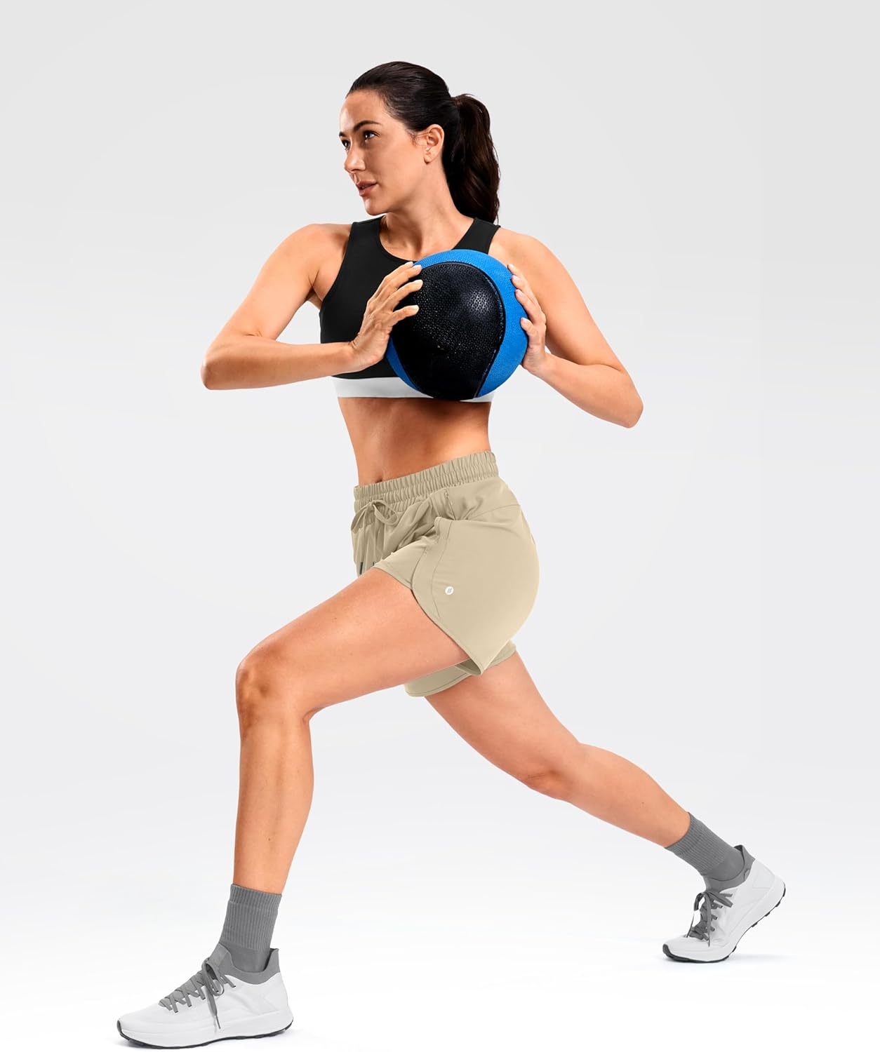 image:imageSANTINY Womens 5 Running Shorts with 2 Zipper Pockets Lightweight Quick Dry Gym Workout Athletic Shorts for WomenKhaki