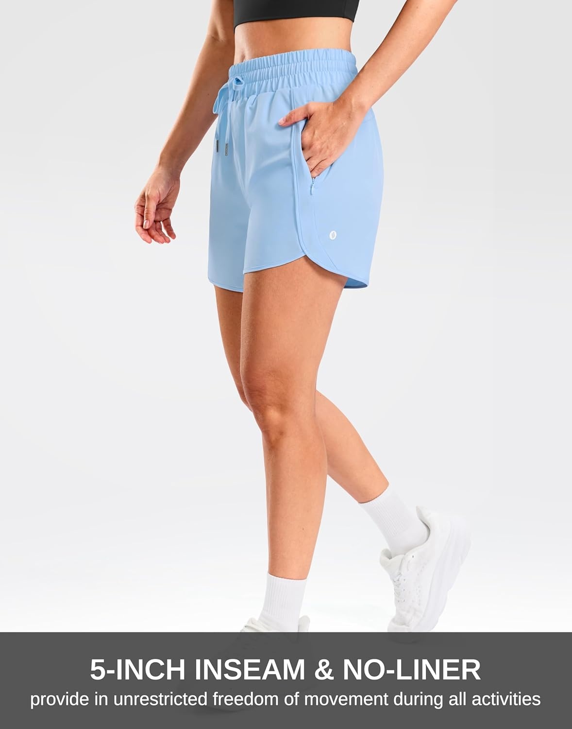 image:imageSANTINY Womens 5 Running Shorts with 2 Zipper Pockets Lightweight Quick Dry Gym Workout Athletic Shorts for WomenLight Blue