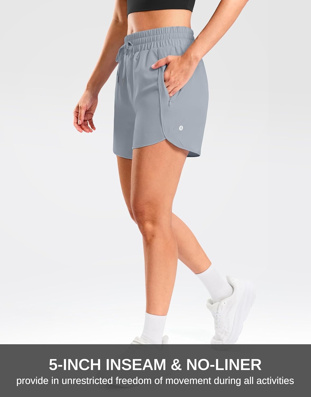 image:imageSANTINY Womens 5 Running Shorts with 2 Zipper Pockets Lightweight Quick Dry Gym Workout Athletic Shorts for WomenLight Grey