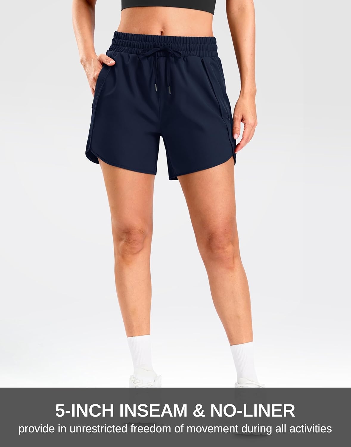 image:imageSANTINY Womens 5 Running Shorts with 2 Zipper Pockets Lightweight Quick Dry Gym Workout Athletic Shorts for WomenNavy