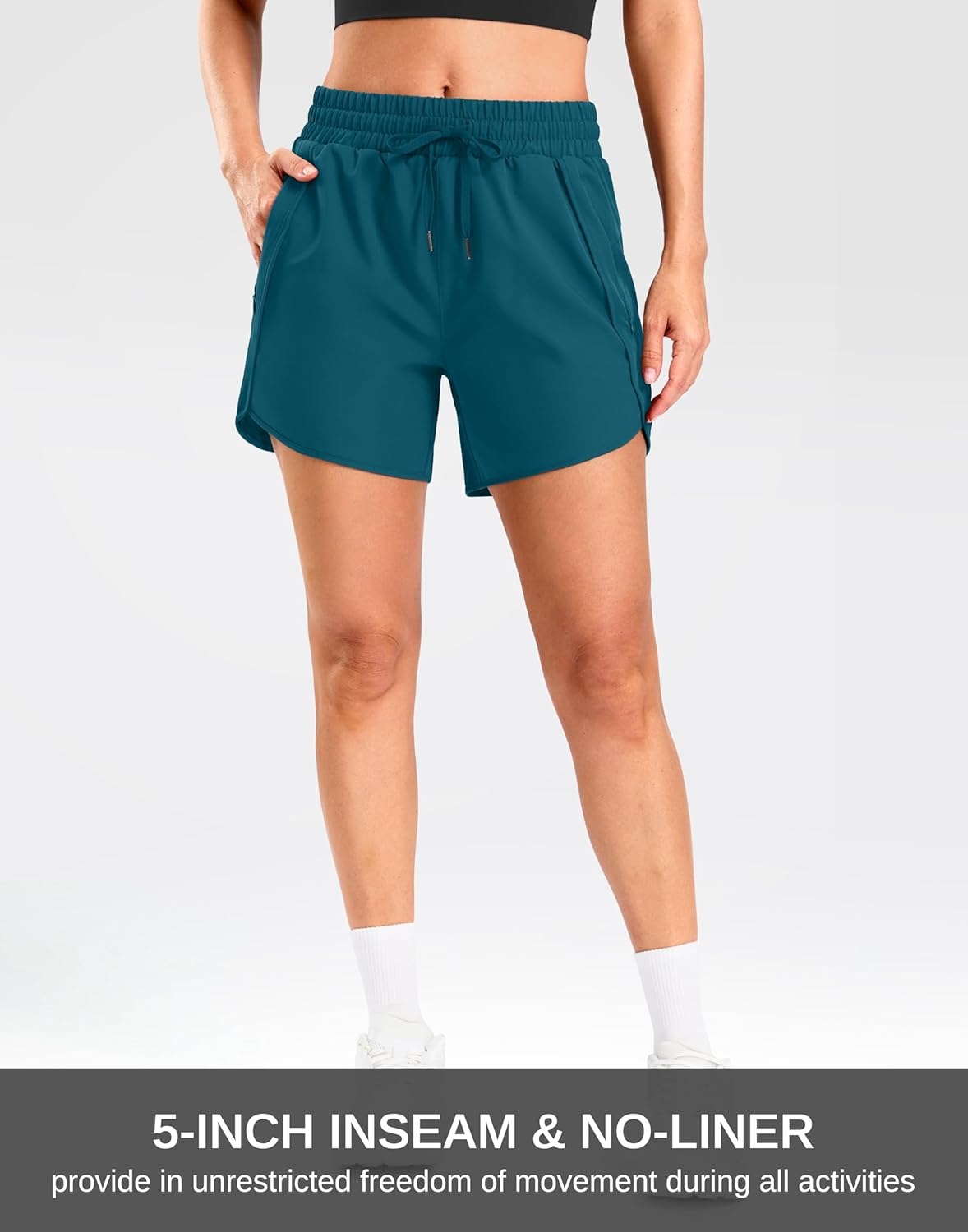 image:imageSANTINY Womens 5 Running Shorts with 2 Zipper Pockets Lightweight Quick Dry Gym Workout Athletic Shorts for WomenPeacock Green