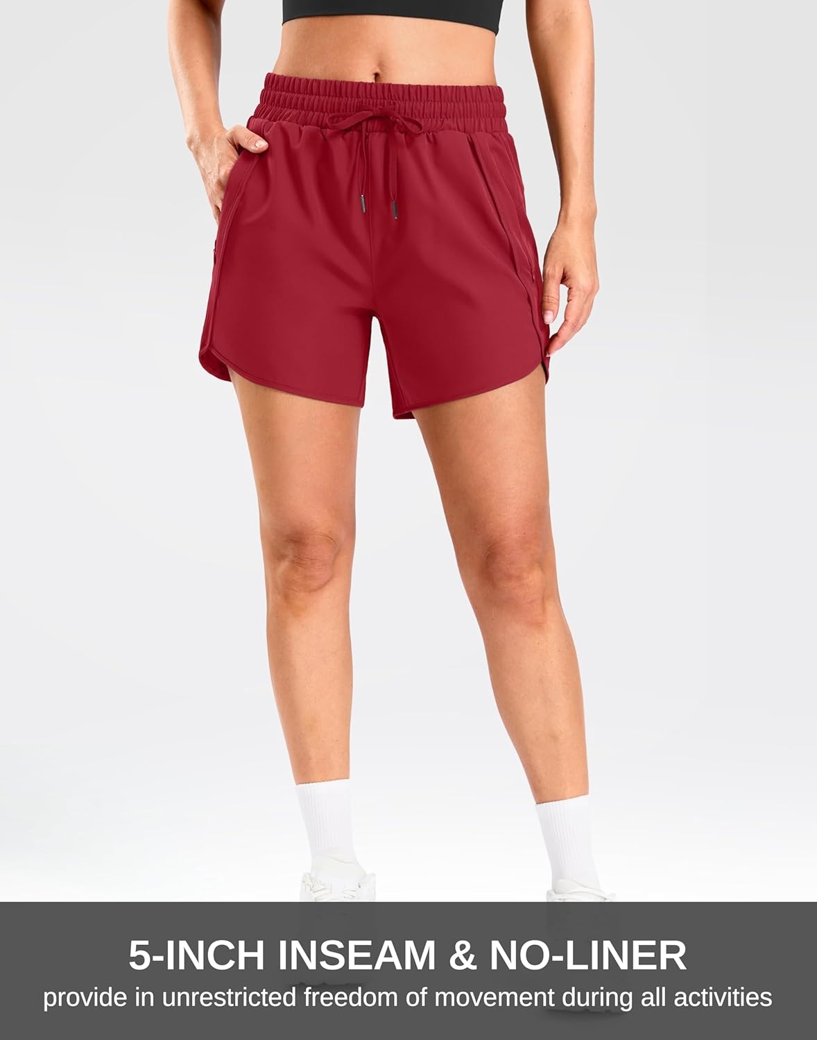 image:imageSANTINY Womens 5 Running Shorts with 2 Zipper Pockets Lightweight Quick Dry Gym Workout Athletic Shorts for WomenRed