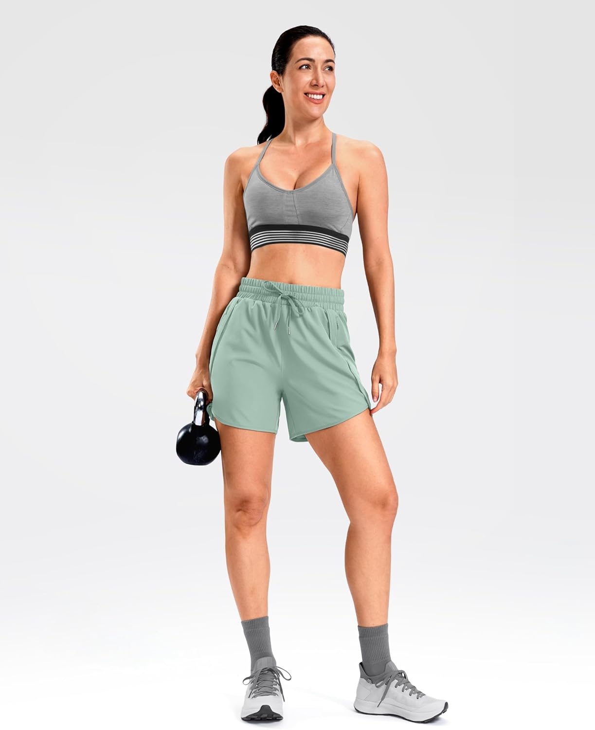 image:imageSANTINY Womens 5 Running Shorts with 2 Zipper Pockets Lightweight Quick Dry Gym Workout Athletic Shorts for WomenSage Green
