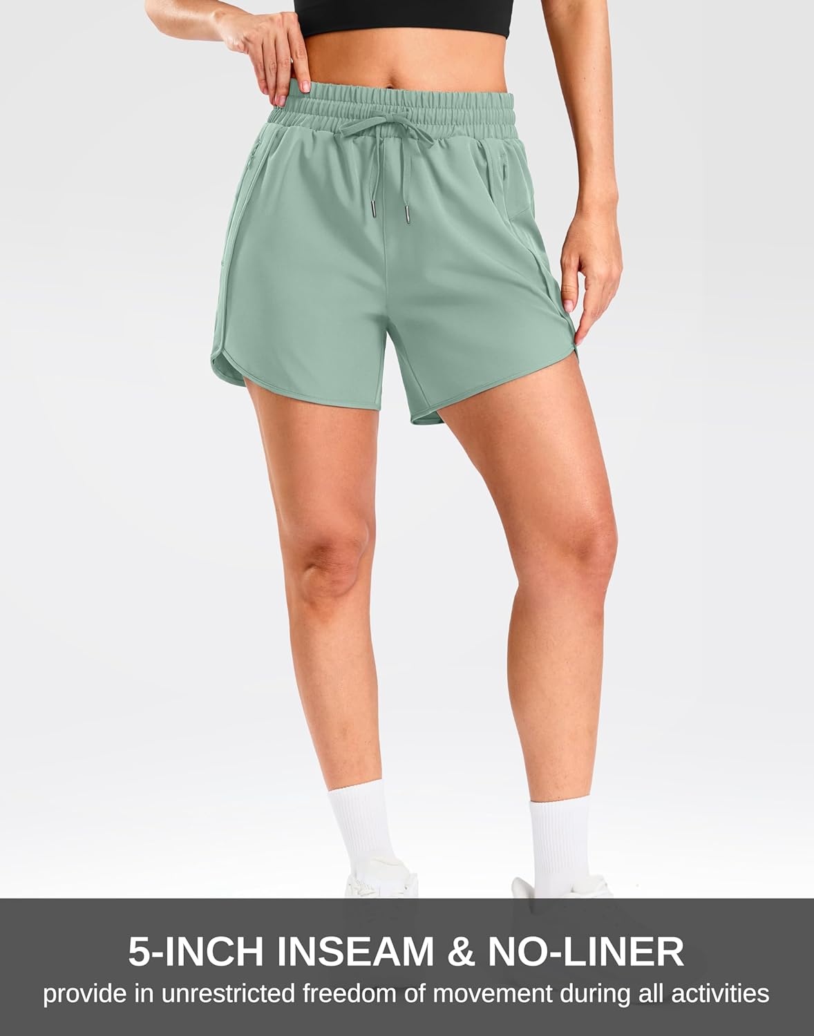 image:imageSANTINY Womens 5 Running Shorts with 2 Zipper Pockets Lightweight Quick Dry Gym Workout Athletic Shorts for WomenSage Green