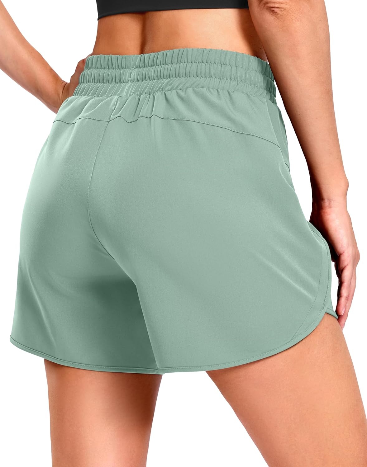 image:imageSANTINY Womens 5 Running Shorts with 2 Zipper Pockets Lightweight Quick Dry Gym Workout Athletic Shorts for WomenSage Green