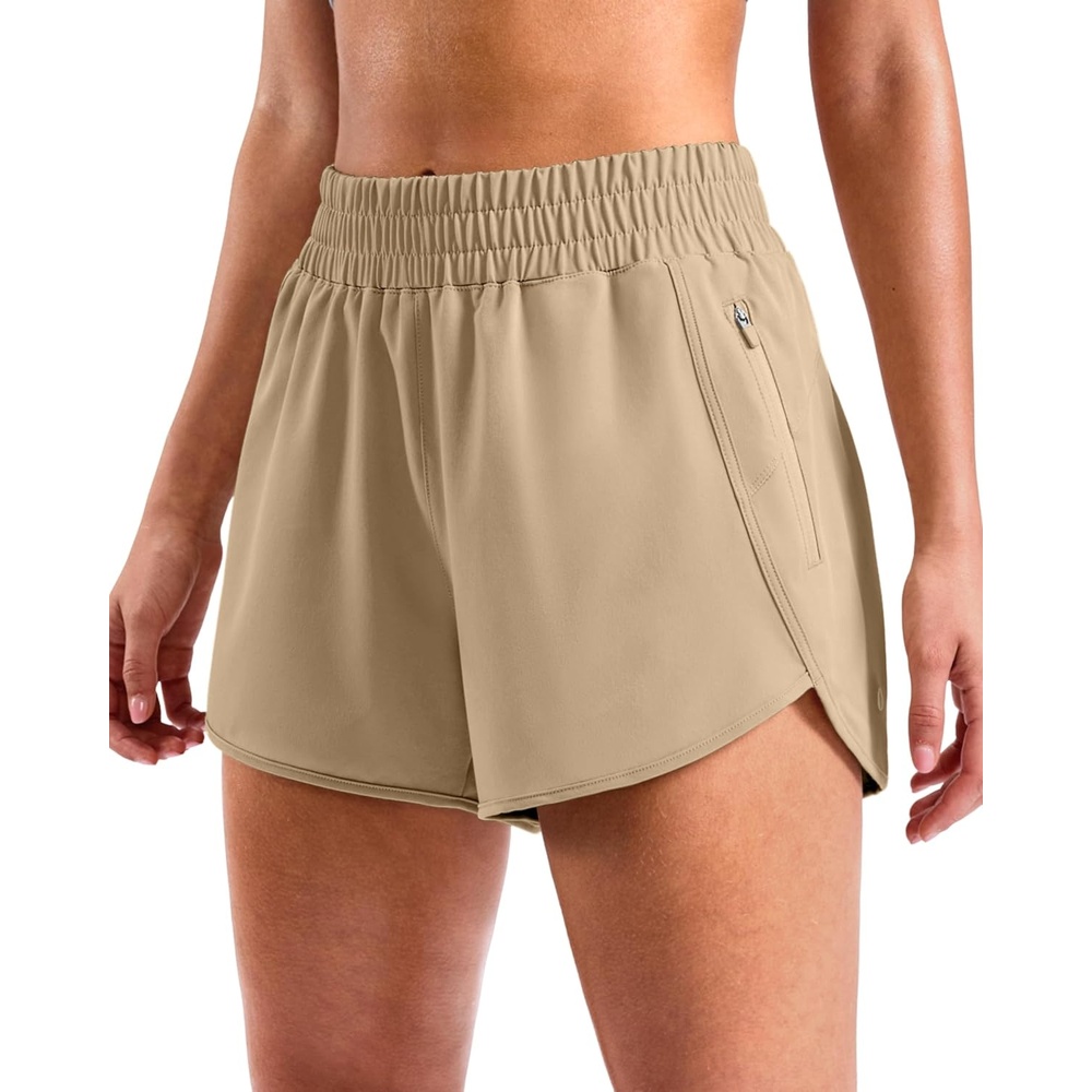 image:imageSANTINY 34 Athletic Running Shorts for Women Dolphin High Waisted Quick Dry Workout Gym Shorts with Zipper PocketKhaki