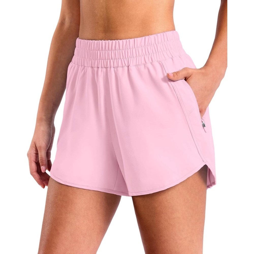 image:imageSANTINY 34 Athletic Running Shorts for Women Dolphin High Waisted Quick Dry Workout Gym Shorts with Zipper PocketPink