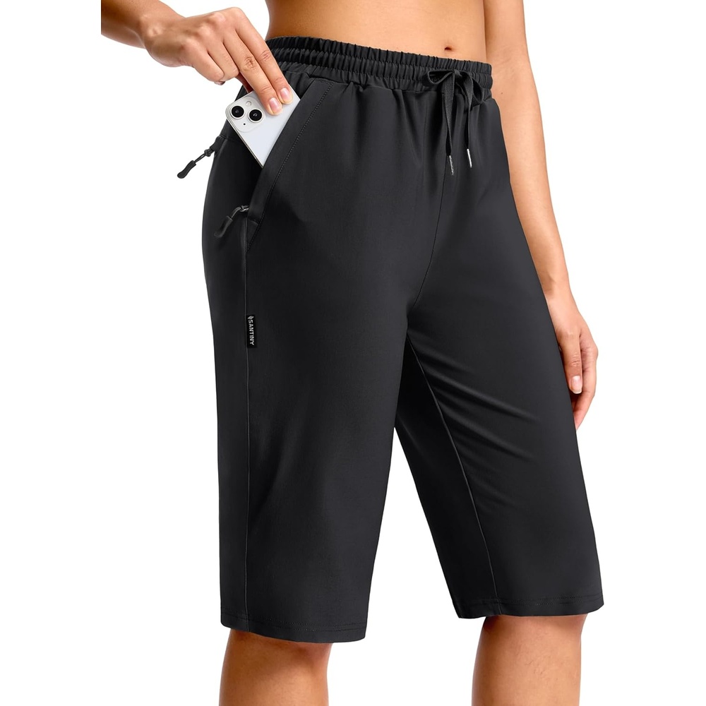 image:imageSANTINY Womens 13 Long Hiking Shorts with 3 Zipper Pockets Quick Dry Lightweight Bermuda Knee Length Shorts for WomenBlack