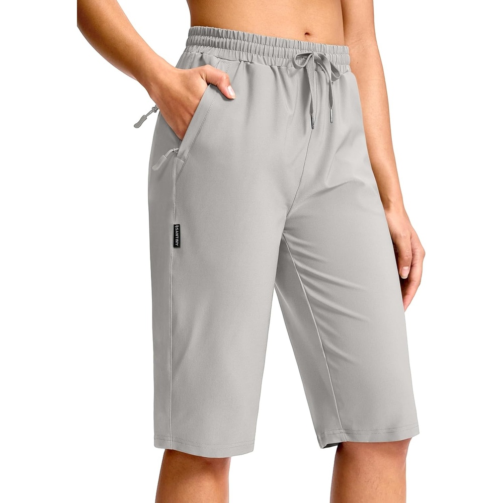 image:imageSANTINY Womens 13 Long Hiking Shorts with 3 Zipper Pockets Quick Dry Lightweight Bermuda Knee Length Shorts for WomenBright Grey