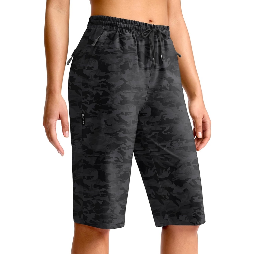 image:imageSANTINY Womens 13 Long Hiking Shorts with 3 Zipper Pockets Quick Dry Lightweight Bermuda Knee Length Shorts for WomenGrey Camo