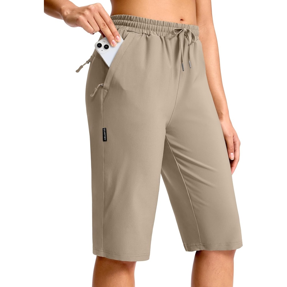 image:imageSANTINY Womens 13 Long Hiking Shorts with 3 Zipper Pockets Quick Dry Lightweight Bermuda Knee Length Shorts for WomenLight Khaki