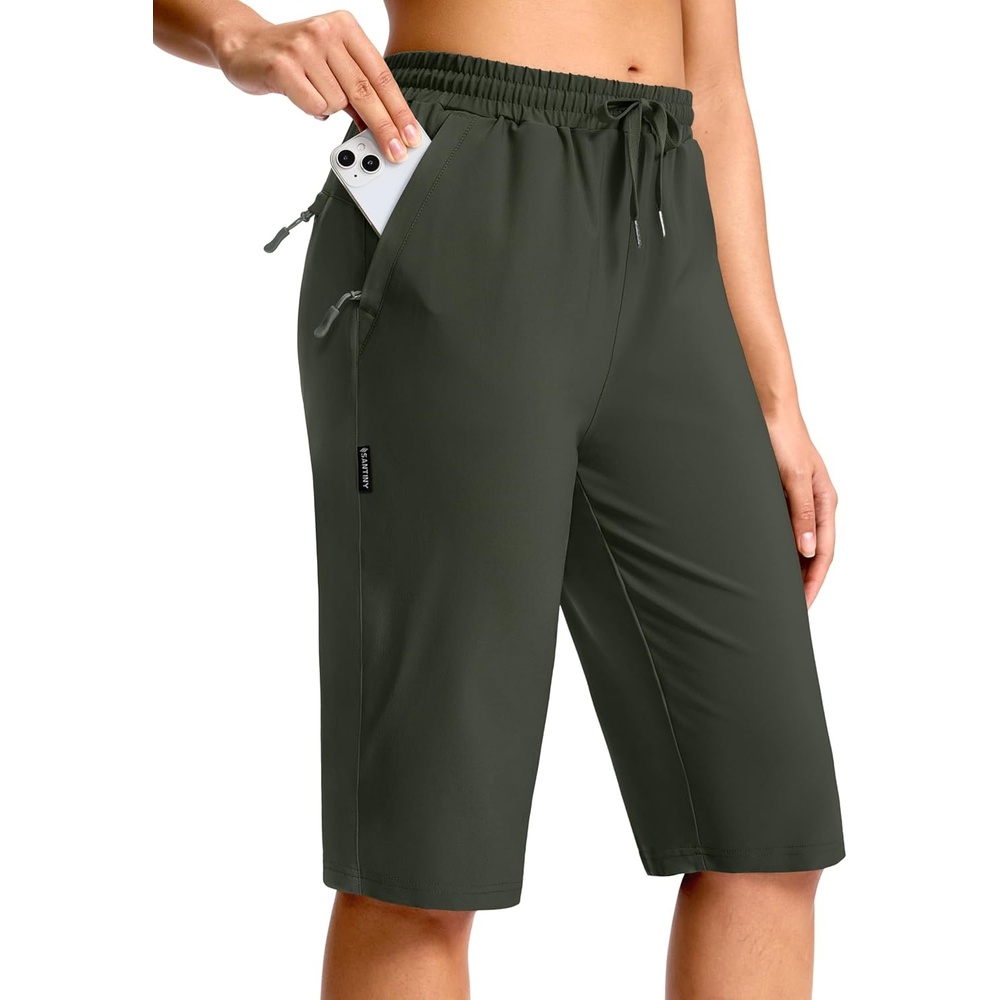 image:imageSANTINY Womens 13 Long Hiking Shorts with 3 Zipper Pockets Quick Dry Lightweight Bermuda Knee Length Shorts for WomenOlive
