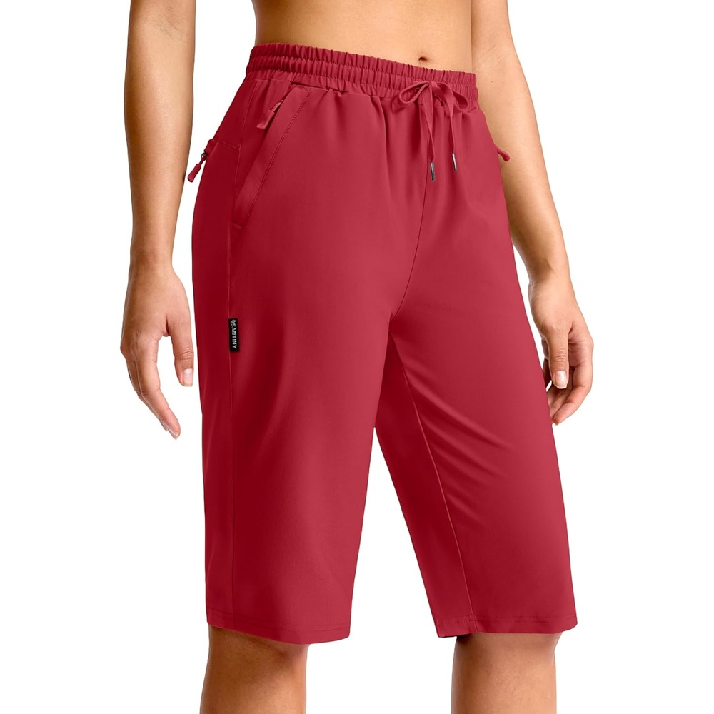 image:imageSANTINY Womens 13 Long Hiking Shorts with 3 Zipper Pockets Quick Dry Lightweight Bermuda Knee Length Shorts for WomenRed