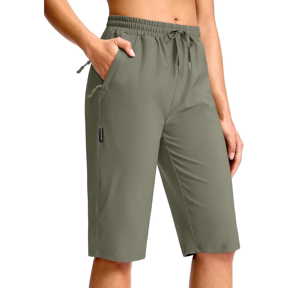 image:imageSANTINY Womens 13 Long Hiking Shorts with 3 Zipper Pockets Quick Dry Lightweight Bermuda Knee Length Shorts for WomenSage Grey